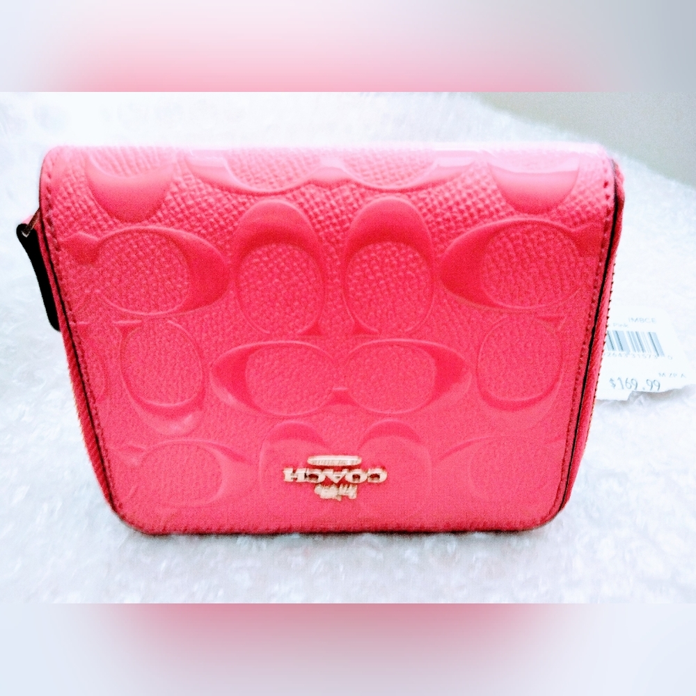 Coach Neon Pink Embossed Zipper Wallet Clutch - Picture 4 of 11